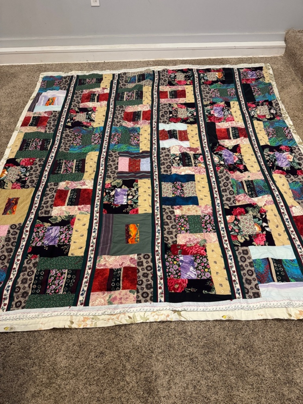 Handmade Multicolor Patchwork Quilt - Vibrant Floral Stripes